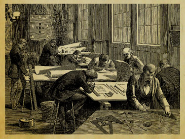 Men designing at drafting tables.